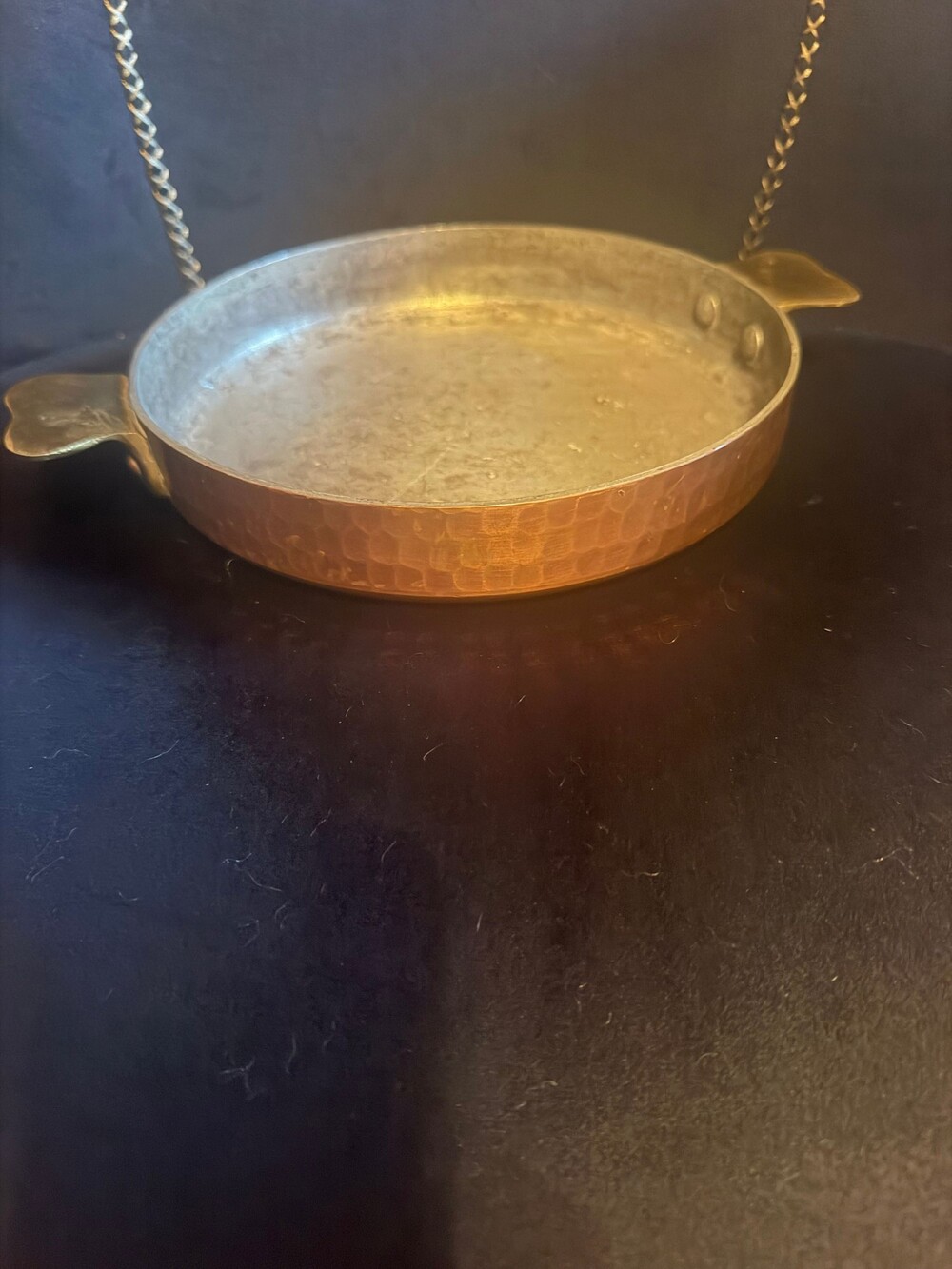 Vintage Hammered Copper quiche or pie Pan Tin Lined Brass Handles